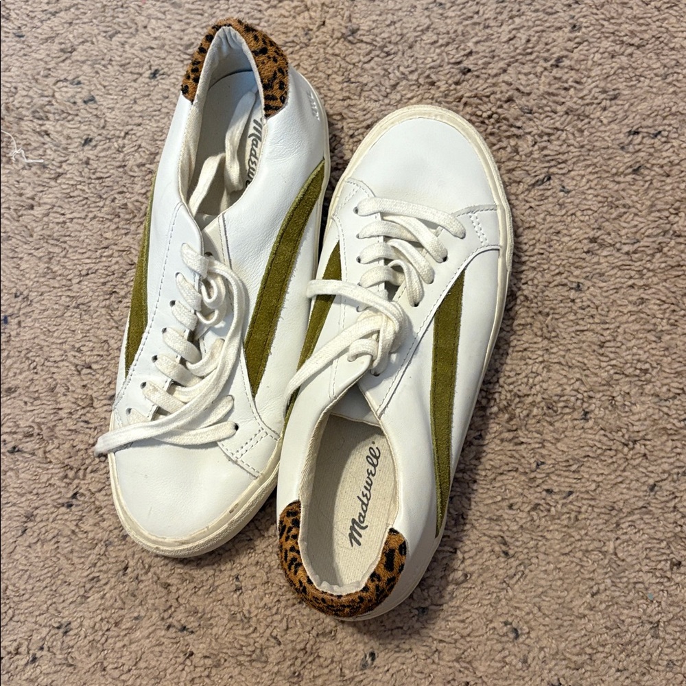 Madewell Cream and Green Sneakers with Leopard Accent